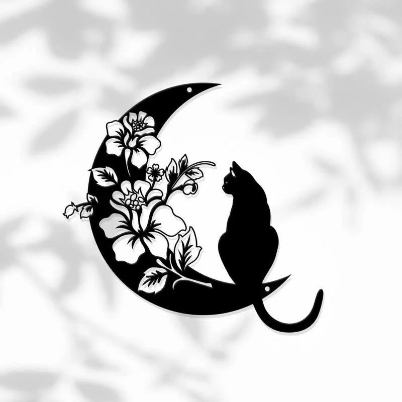 REIKICRYSTAL  Cresent Moon and Cat Metal Wall Decor