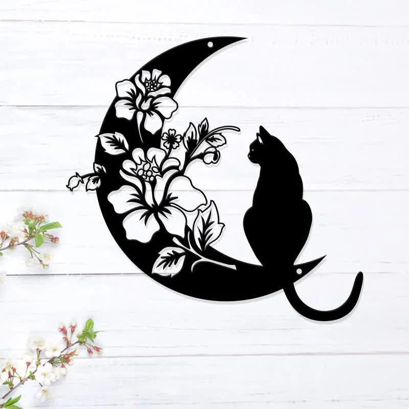 REIKICRYSTAL  Cresent Moon and Cat Metal Wall Decor