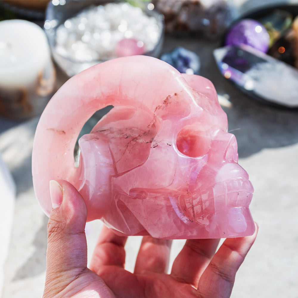 REIKICRYSTAL  Rose Quartz Sheep Skull