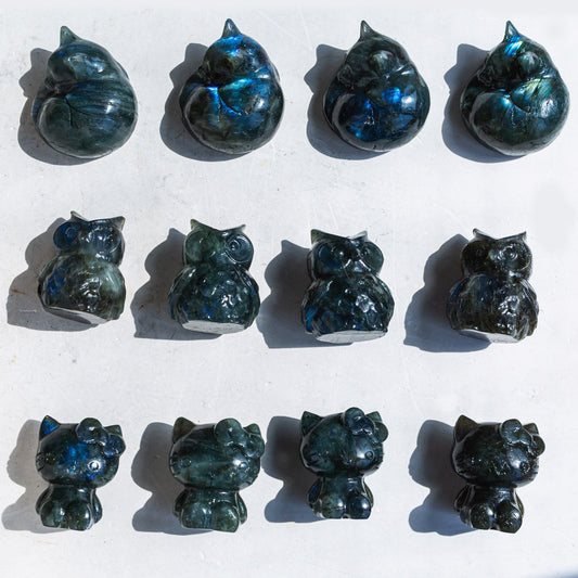 REIKICRYSTAL  Labradorite Cat Owl Hello Ketty