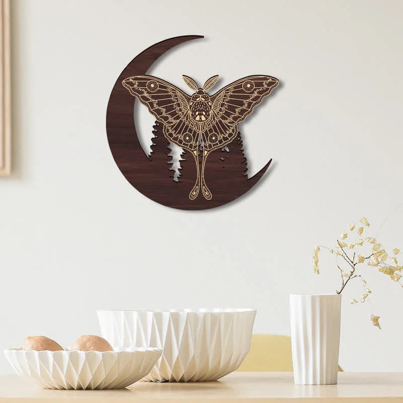 REIKICRYSTAL  Crescent Moon Moth Wooden Wall Decor