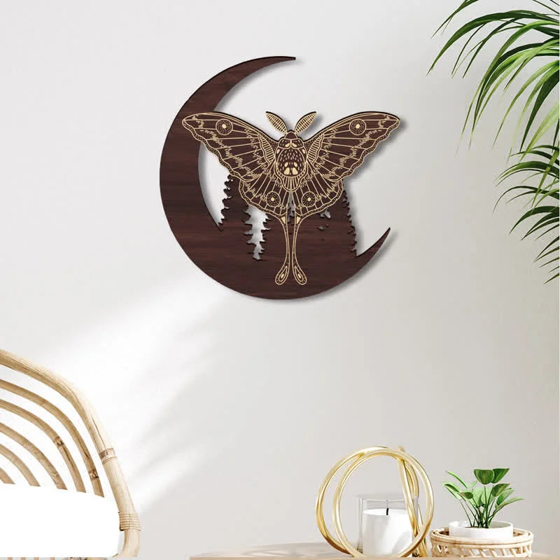 REIKICRYSTAL  Crescent Moon Moth Wooden Wall Decor