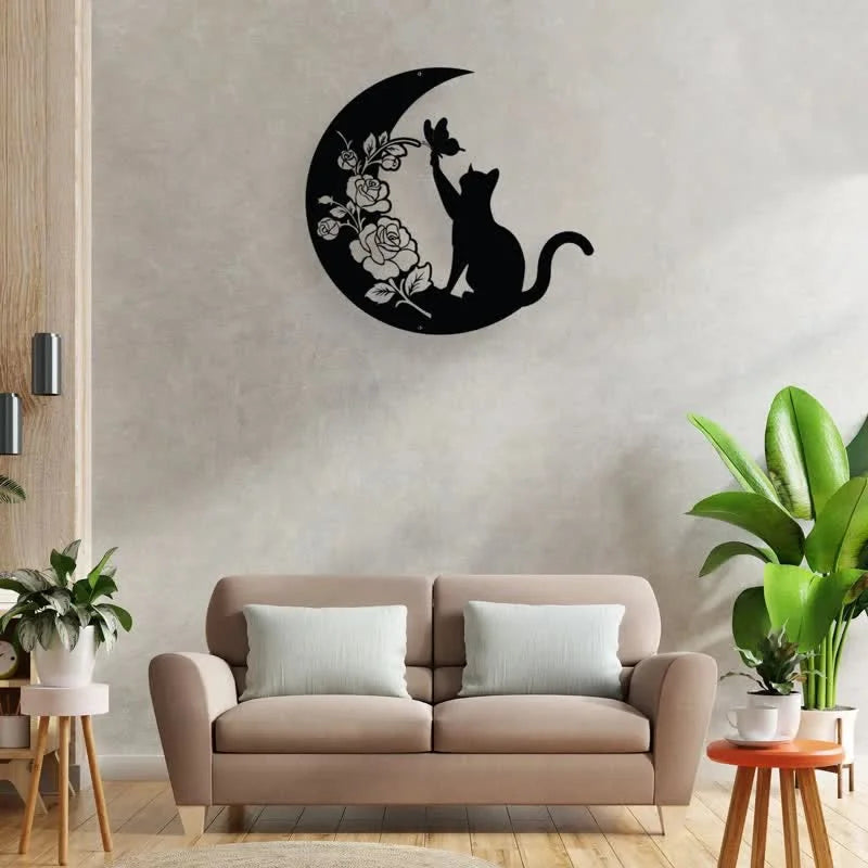 REIKICRYSTAL  Cresent Moon and Cat Metal Wall Decor