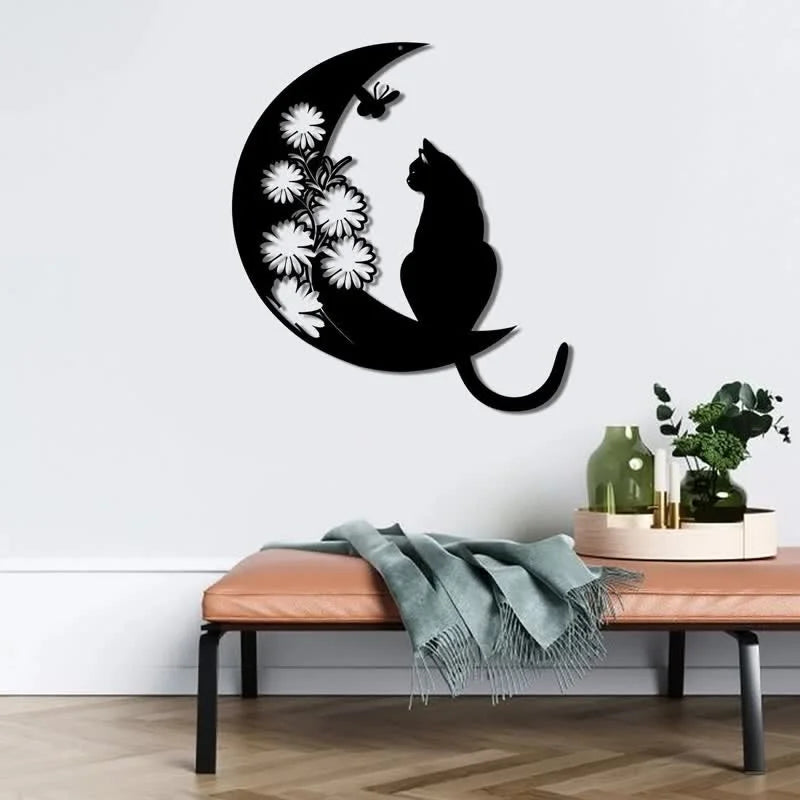 REIKICRYSTAL  Cresent Moon and Cat Metal Wall Decor