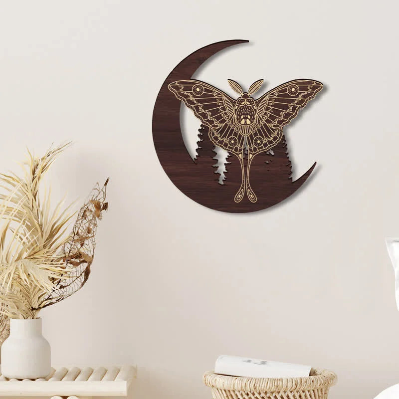 REIKICRYSTAL  Crescent Moon Moth Wooden Wall Decor