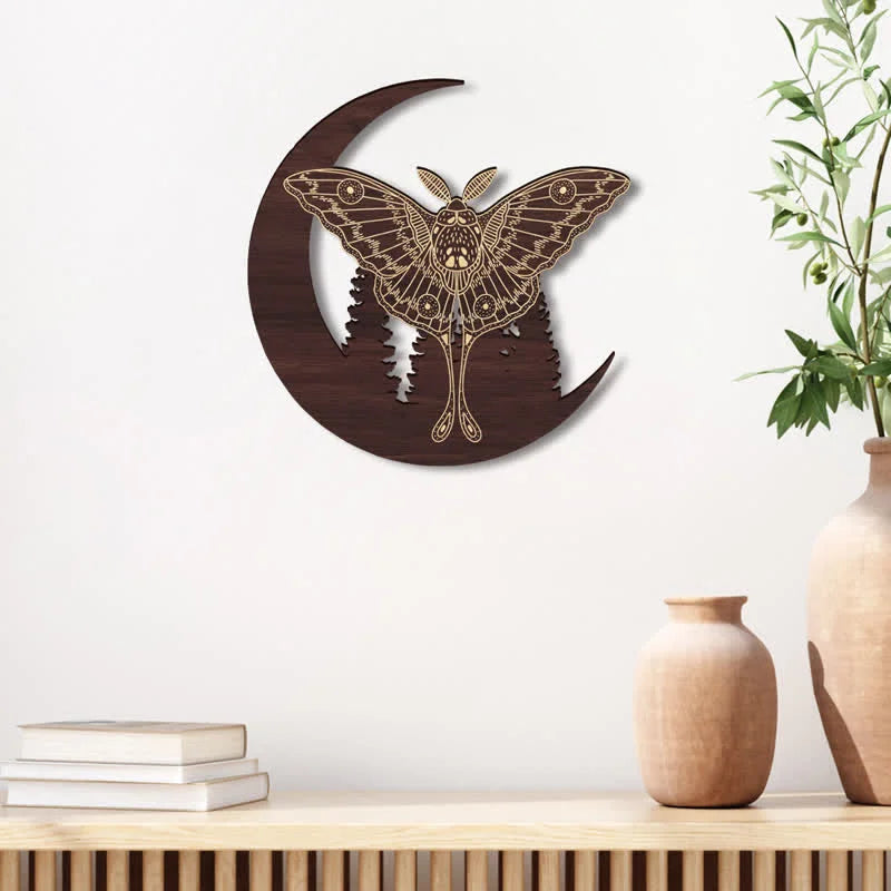 REIKICRYSTAL  Crescent Moon Moth Wooden Wall Decor