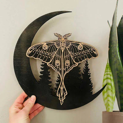 REIKICRYSTAL  Crescent Moon Moth Wooden Wall Decor