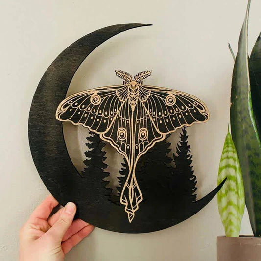 REIKICRYSTAL  Crescent Moon Moth Wooden Wall Decor