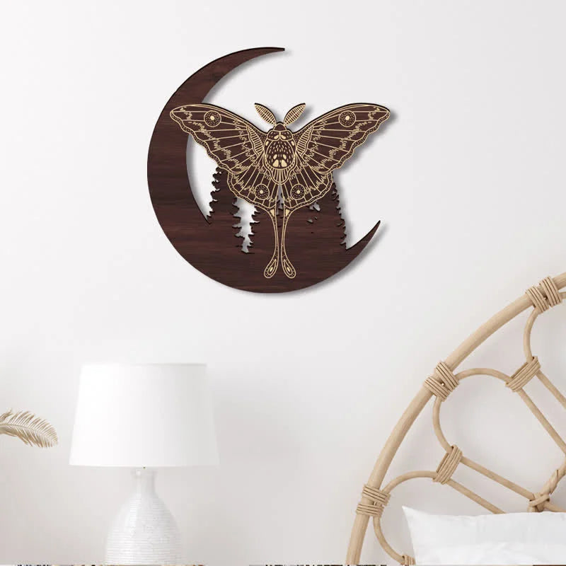 REIKICRYSTAL  Crescent Moon Moth Wooden Wall Decor