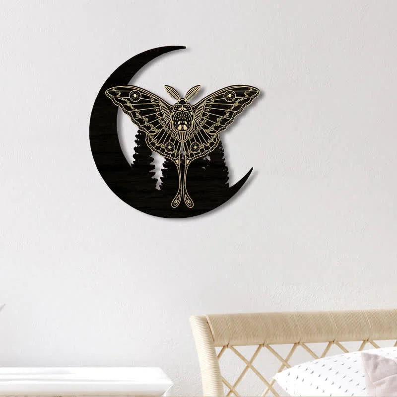 REIKICRYSTAL  Crescent Moon Moth Wooden Wall Decor