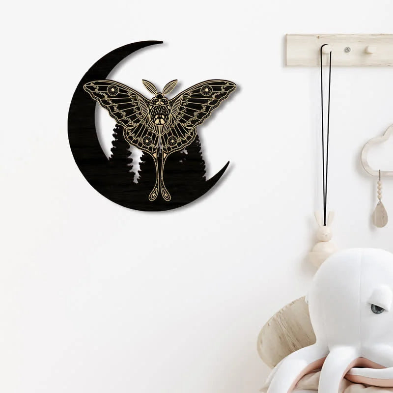 REIKICRYSTAL  Crescent Moon Moth Wooden Wall Decor