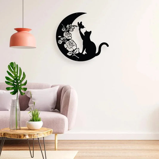 REIKICRYSTAL  Cresent Moon and Cat Metal Wall Decor