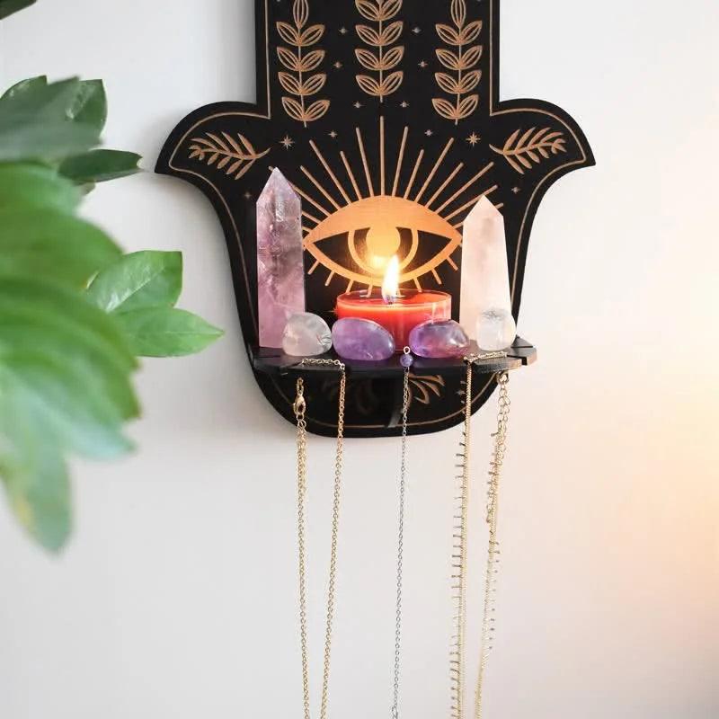 Hamsa Hand Floral Sun and Moon Altar Crystal Shelf - Crystal-ReikiCrystalSale