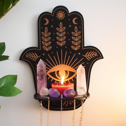 Hamsa Hand Floral Sun and Moon Altar Crystal Shelf - Crystal-ReikiCrystalSale