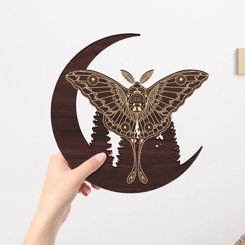 REIKICRYSTAL  Crescent Moon Moth Wooden Wall Decor