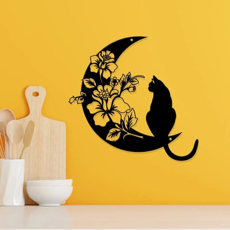 REIKICRYSTAL  Cresent Moon and Cat Metal Wall Decor